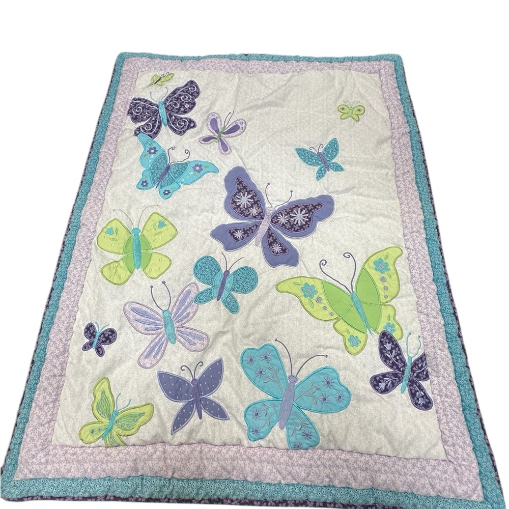 NoJo Butterfly Baby‎ Quilt Purple Teal Appliqué Blanket Crown Crafts vintage